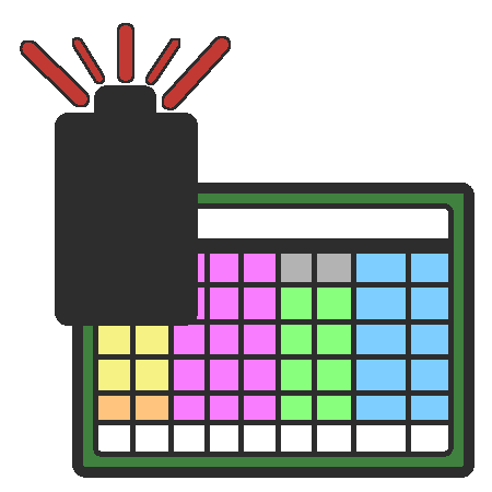 A drawing of an AAC device with a battery in the upper left, which is empty with red lines coming from the top.